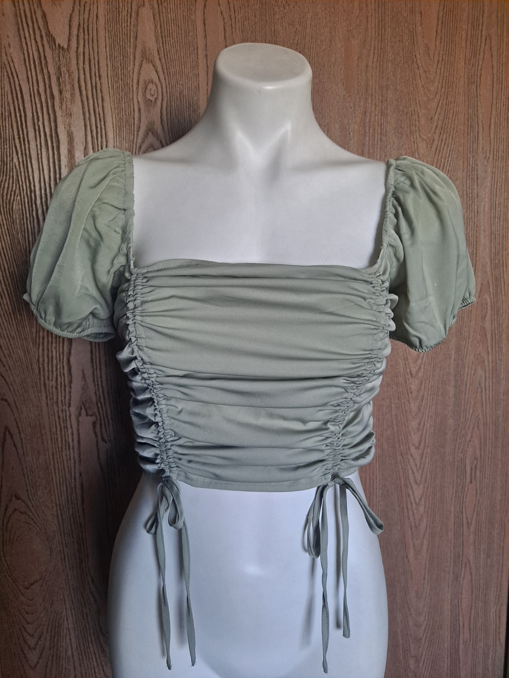 Forever 21 Sage Ruched Puff-Sleeve Crop Top